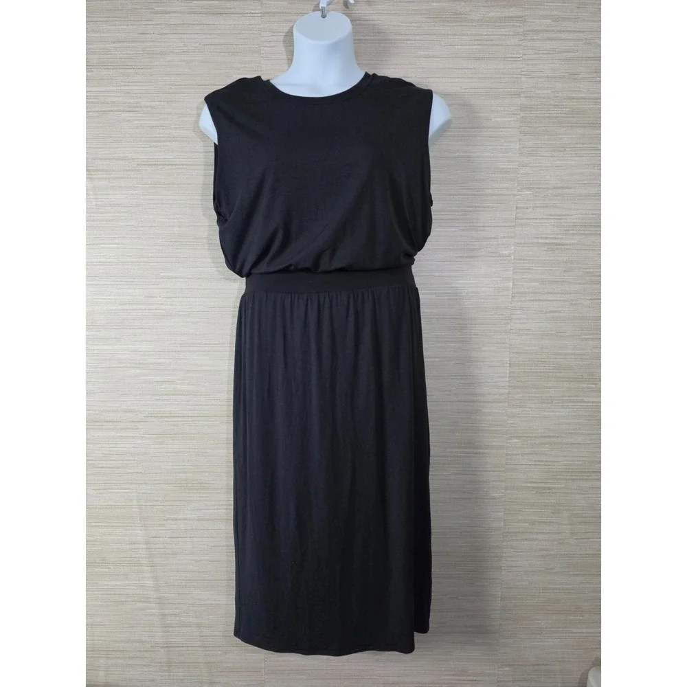 Athleta Santorini Cinch Dress Womens Large Black Sleeveless Midi Stretch Slit